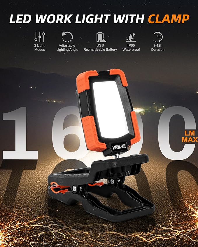 LED Rechargeable Work Light with Clamp,1600LM Magnetic Clip Work Lights with 3 Light Modes, 360° ＆ 115° Rotate Portable Clamp Work Light, IP65 Waterproof for Car Repairing, Job Site, Workshop