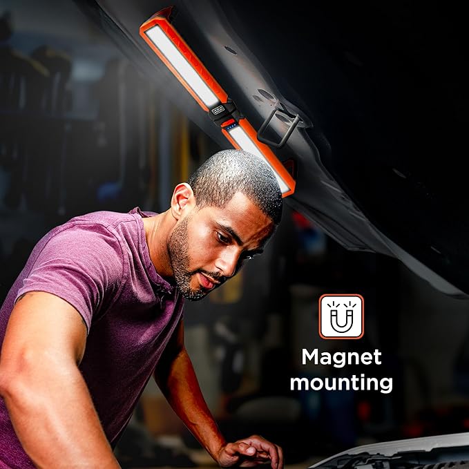 BLACK+DECKER Rechargeable Hanging LED Light, 1100 Lumens Foldable Double-Sided LED Work Light, 5 Modes, Tripod, Hook & Magnetic Mount, Indoor/Outdoor IP54 Weather-Resistant COB Lighting, Adjustable