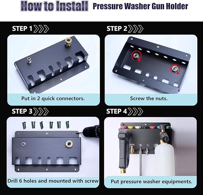 Pressure Washer Gun Holder -Trumlandy Foam Cannon Holder Wall Mounted Pressure Washers Accessories Storage Rack for Pressure Washer Gun/Nozzle Tips/Foam Cannon/ 1/4" Quick Connect Extension Wand