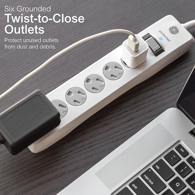 GE Surge Protector Power Strip, 15 Ft Extension Cord, 6 Outlet Extender, 800 Joules, Flat Plug, Twist-to-Close Safety Covers, ETL Listed, White, 50768