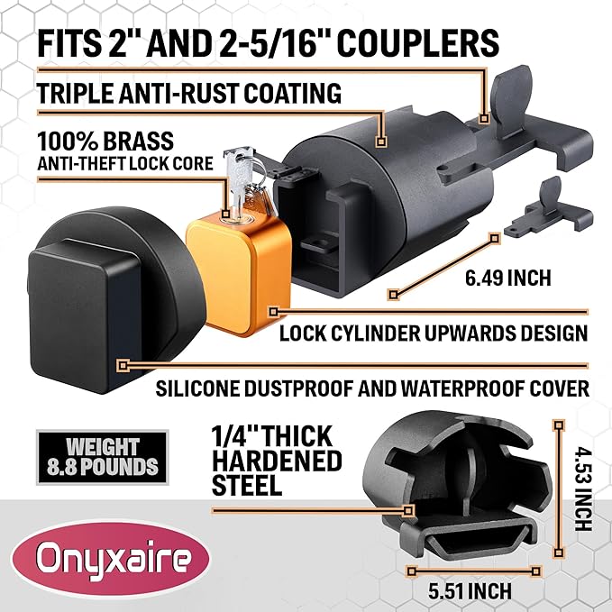 Trailer Hitch Lock for 2-5/16" and 2" Coupler (Upgrade 2025), Heavy Duty Anti-Theft Trailer Lock, Ultra-Thick Solid Steel, Pry-Resistant Brass Locking Core, Trailer Coupler Lock for RV, Trailer, Boat
