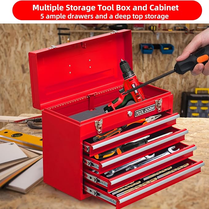 Metal Tool Box with 4 Drawers Portable Steel Tool Chest with Metal Cylinder Lock and Latch Closure, Liner, Red Powder coating, suitable for Garage, Warehouse and Outdoor Repair job