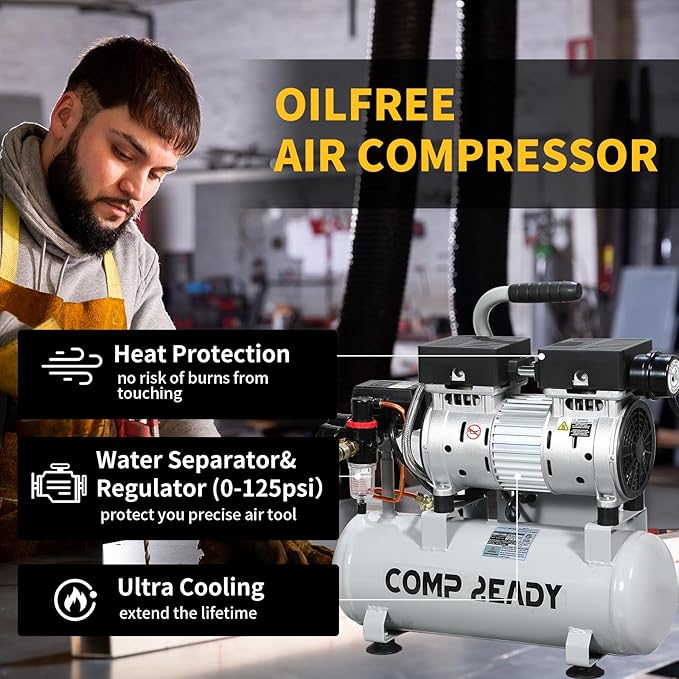 8 Gallon Portable Air Compressor 1HP 2.5 CFM@90PSI 60dB Ultra Quiet Oil Free Air Compressor Ideal for Tire Inflation Pneumatic Tool Spray Painting