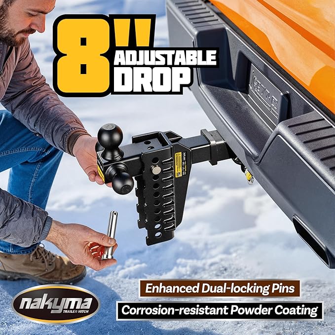 Adjustable Drop Hitch, 8 Inch Drop Tri Ball Mount(1-7/8'', 2''&2-5/16''), Max 18,500 LBS GTW-Truck Trailer Hitch with Double Anti-Theft Pins Locks, Fits 2-Inch Receiver
