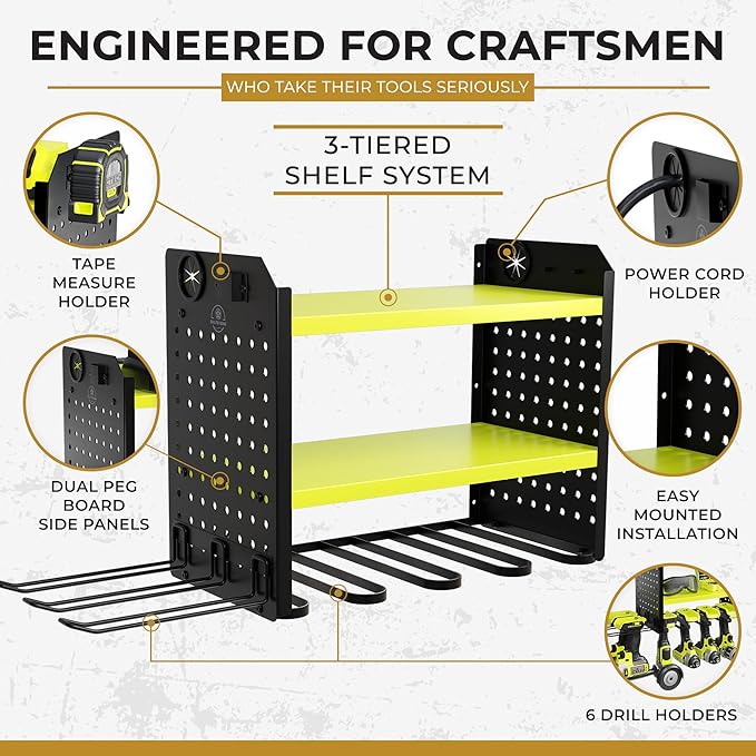 BUILTSTRONG Power Tool Organizer - 6 Drill Holder Wall Mount, 3-Tier Heavy-Duty Hand Tool Storage Rack With 2 Pegboard Sides - Green