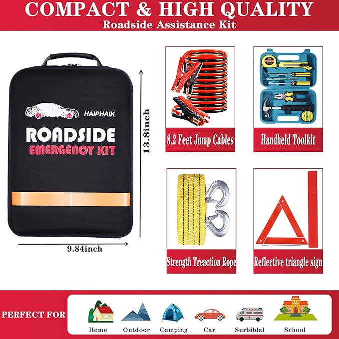 HAIPHAIK Roadside Emergency Car Kit-Emergency Car Kits for Vehicles Car Safety Kits with Jumper Cables,Tow Rope, Safety Hammer, Reflective Warning Triangle,Gifts for New Drivers
