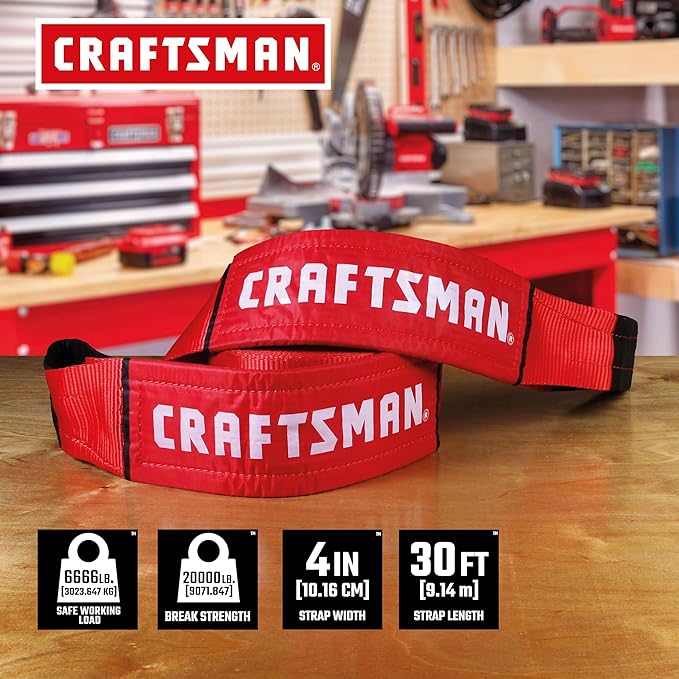 Craftsman CMXAZBS2003 Black/Red 4” x 30’ Heavy-Duty Recovery Tow Strap with Loop Ends - 6,666 lb Safe Wortking Load / 20,000 lb Break Strength
