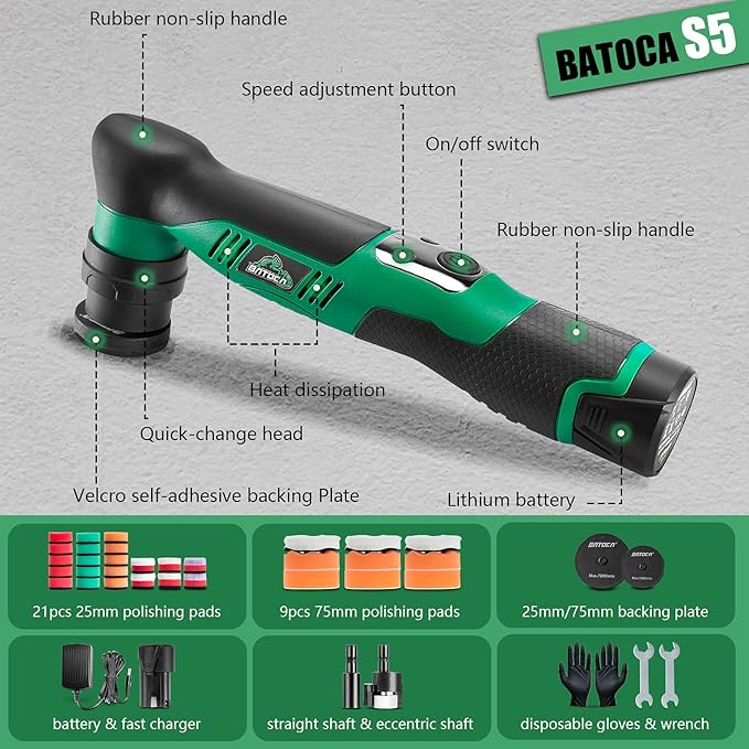 BATOCA S5 Cordless Mini Car Polisher Buffer Machine Dual Action & Rotary Mini Polishing Machine 1x 12V 2A Battery with 1inch 3inch Polishing Pads Kit for Car Motorcycle Deatiling Polish Buffing Clean