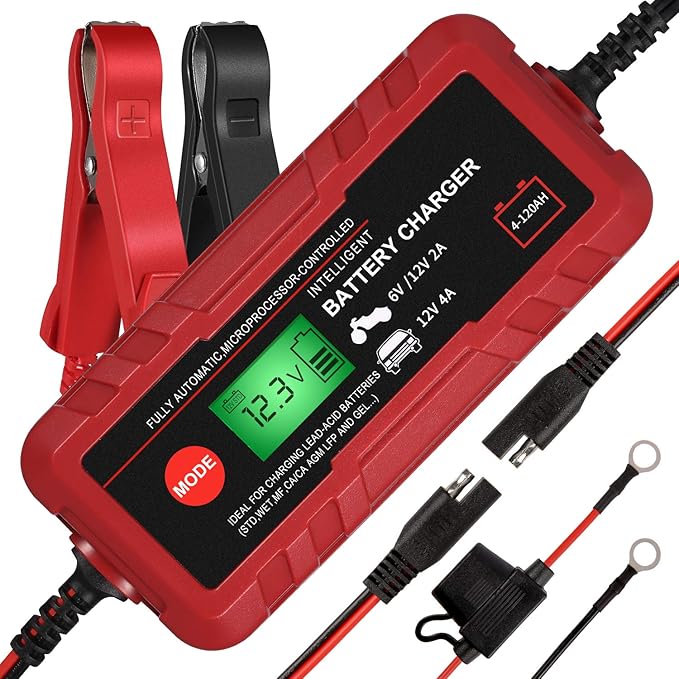 4A Smart Car Battery Charger, 6V 12V Automotive Charger Maintainer Fully Automatic 8-Stages Trickle Charger for Automotive Motorcycle Car Battery, Portable 4A Smart Car Battery Charger 6V 12V