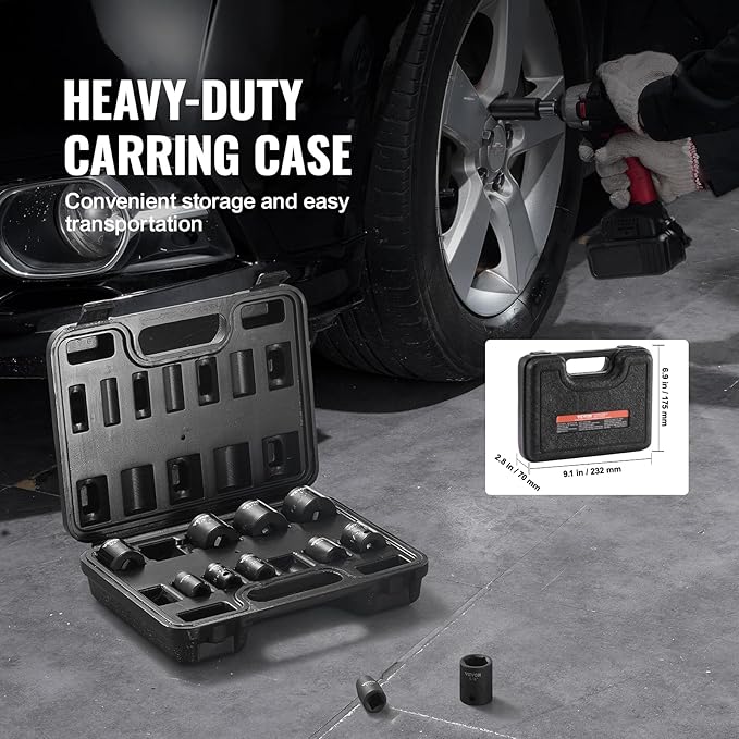 VEVOR 3/8" Drive Impact Socket Set, 12 Piece Shallow Socket Set SAE 5/16"-1", 6 Point Cr-Mo Alloy Steel for Auto Repair, Easy-to-Read Size Markings, Rugged Construction, Includes Storage Case