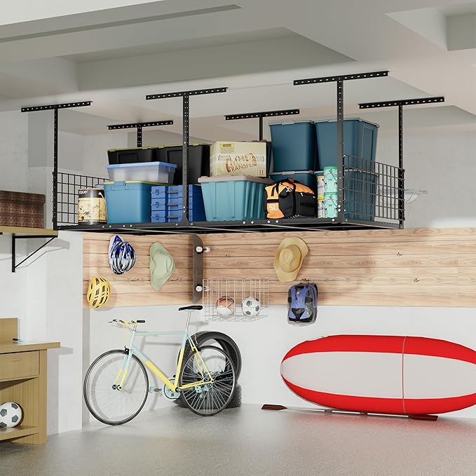 Soywey 4x8FT Overhead Garage Storage Rack,Garage Shelving Storage Organizer System with Side Guardrails,Heavy-Duty Metal Ceiling Racks,Load 700LBS Weight