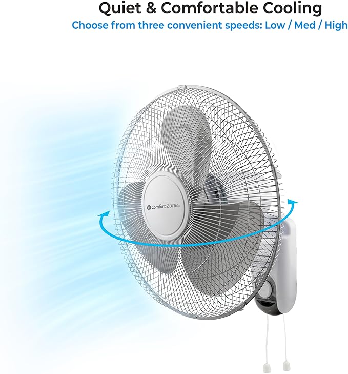 Comfort Zone 16-Inch Wall Mount Fan, Oscillating Indoor Fan with 3 Speed Settings, Adjustable 60° Tilt Head, Quiet Motor, Pull-Chain Control, Metal Grille Fan for Home, Office & Greenhouse