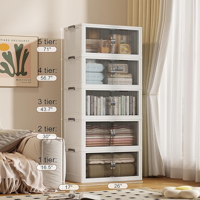 SAILUN 145Gal/580Qt Stackable Storage Bins Folding Collapsible Storage Bins with a Lid, Closet Organizers and Storage,White 26" W x 17" D x 71" H