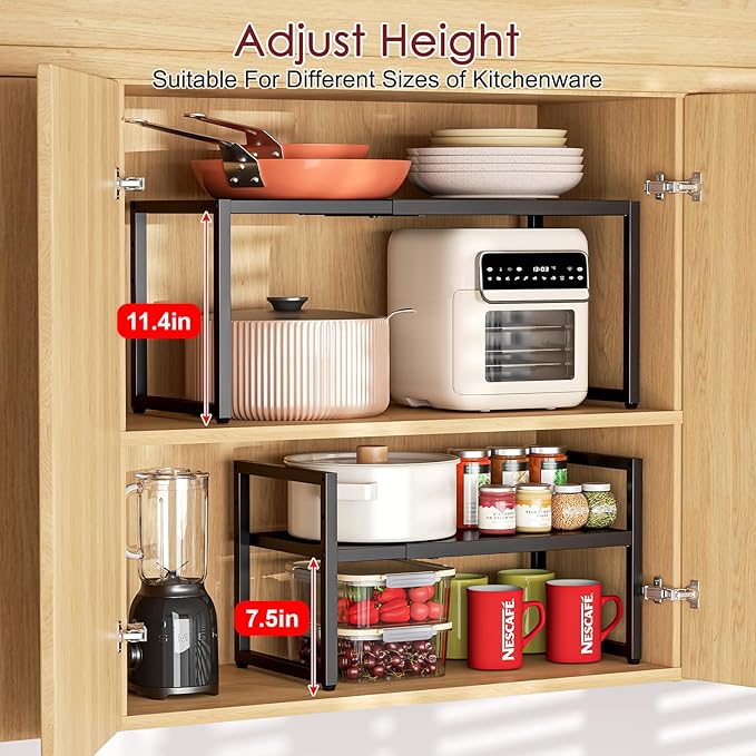 Expandable Kitchen Storage Shelves,110LBS Heavy Duty Metal Garage Shelving Units For Pot Pans Appliance,Adjustable Small Storage Shelf Rack Organizer For Kitchen Countertop Under Cabinet Garage Pantry