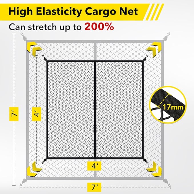 CarBole Highly Elastic Cargo Net for Pickup, Heavy Duty Truck Bed Load Mesh for SUV ATV UTV Trailer Trap Roof Rack Boat Netting Organizer (Double Layer 4'x4' Stretches to 7'x7')