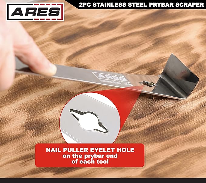 ARES 46018-2-Piece Stainless Steel Prybar Scraper Set - Ultra Sharp Scrapers Remove Residue from Steel, Aluminum, and More - Prybar Ends Offer Extra Leverage - Built-In Nail Puller and Bottle Opener