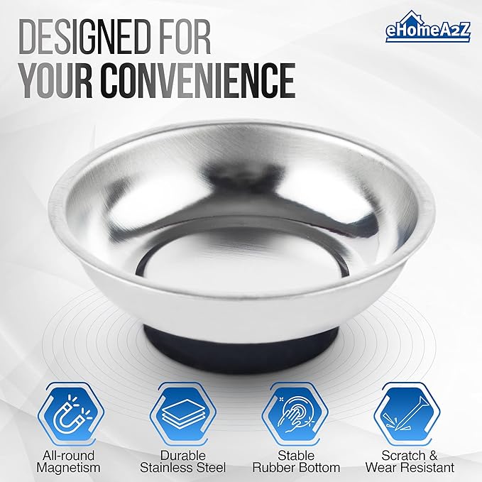 EHOMEA2Z Magnetic Bowl For Screws (4Pc),Magnetic Bowls For Holding Nuts and Bolts, Small Parts,Pins,Tools,Plate,Dish,Set,Tray,Round (4")