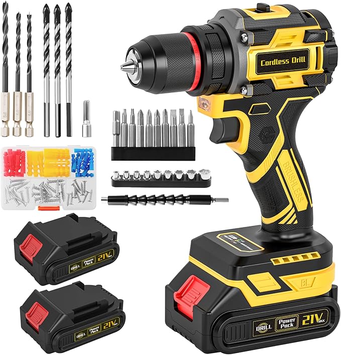 Cordless Drill, 21V Brushless Power Drill with Dual 2.0Ah Power Pack and Charger, Electric Drills Set, 3/8" Metal Chuck, 25+1 Torque, 2 Speed Compact Drills with 87PCS for DIY, Home Repair & Gift