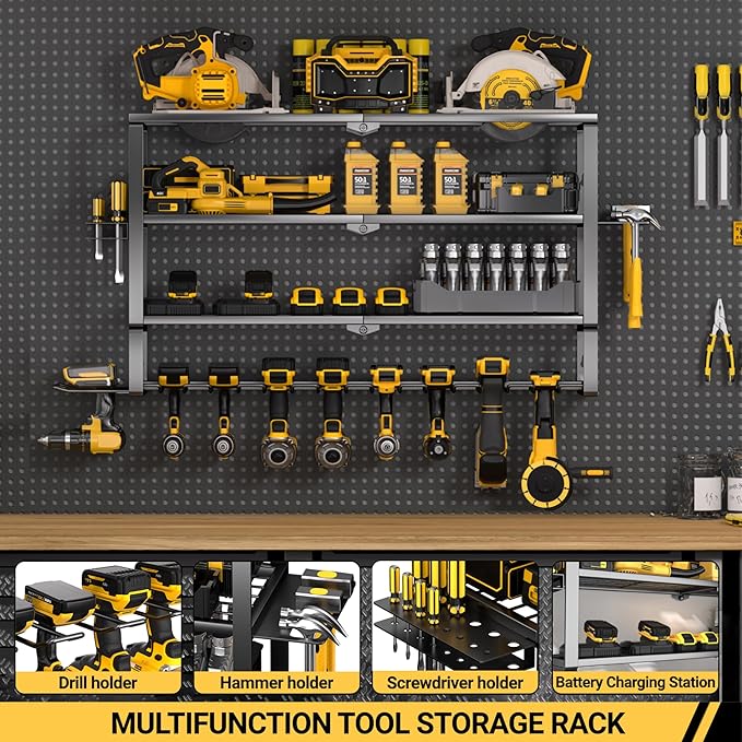 YYR Large Power Tool Organizer Wall Mount, Heavy Duty Metal Cordless Drill Storage Rack with Battery Charging Station Shelf, Utility Racks for Garage Organization, 4 Layer 10 Drills Holder Extra Tall