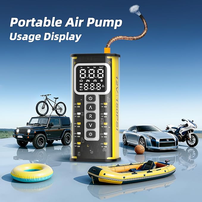 Tire Inflator, 150 PSI, 9000mAh Battery Air Compressor, Car Tire Pump, Air Pump for Car Tires, Bike Inflator, Car Accessories for Cars, Motorcycles & Bicycles