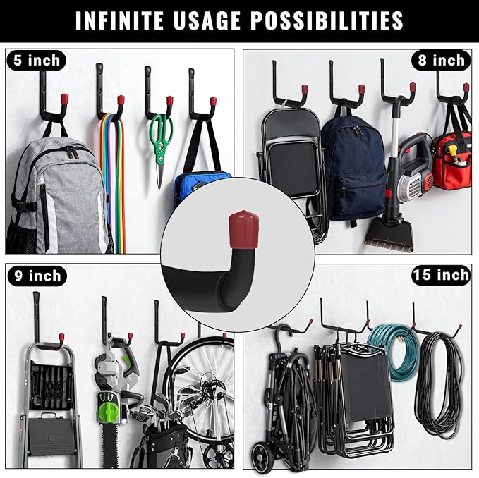 6 Pack Garage Hooks Heavy Duty, 4.41 Inch Easy to Install Steel Ladder Storage Hooks, Wall Mount Organizer with EVA Pads for Kayaks, Bikes, Chairs, Tools