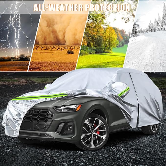 Waterproof Car Covers Replace for 2009-2025 Audi Q5/SQ5, 6 Layers Silver All Weather Custom-fit Car Cover with Zipper Door & Windproof Bands for Snow Rain Dust Hail Protection