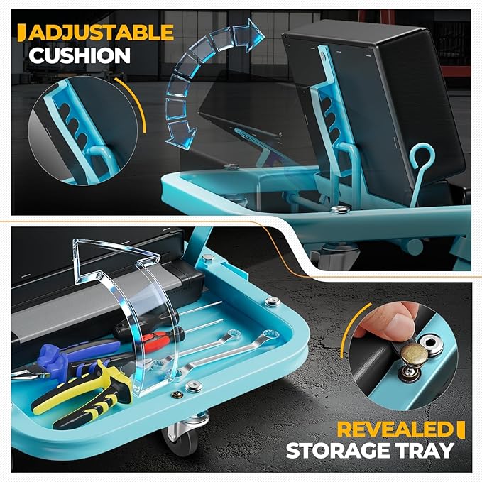 Auto Dynasty 48" Z-Creeper Seat, 2-in-1 Foldable Garage Creeper Shop Seat, 330 LBS Capacity Automotive Mechanic Repair Under Car Rolling Creeper Seat, Sky Blue