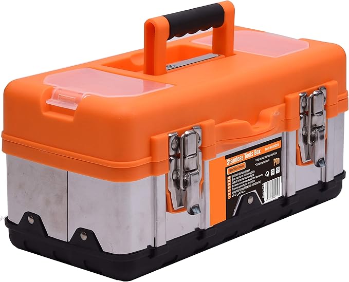 Edward Tool Stainless Steel Tool Box 16” - Small Metal Organizer Box with Removable Storage Tray - Ergo Handle - Secure Steel Latch - Quick Access Lid Compartments
