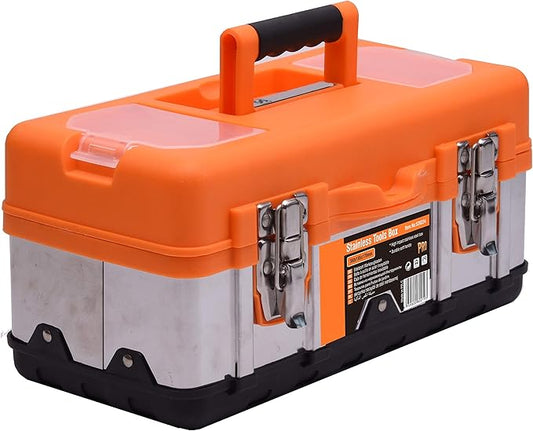 Edward Tool Stainless Steel Tool Box 16” - Small Metal Organizer Box with Removable Storage Tray - Ergo Handle - Secure Steel Latch - Quick Access Lid Compartments