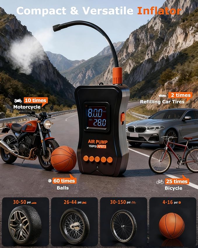 Tire Inflator Portable Air Compressor, 150PSI Dual Power - 4000mAh & 12V DC, Cordless Mini Bike Pump with Digital Dual Values Display/LED Light, tire Air Pump for Car Tires, Bike, Motorcycle, Bicycle