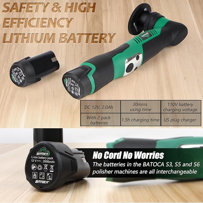 BATOCA S5 Cordless Car Buffer Polisher Kit 1 Inch 3 Inch Dual Action & Rotary Polishing Machine for Car Detailing,2x 2.0Ah Batteries,6 Variable Speeds 2000-5500RPM,Orbital Polisher for Car Boat Polish