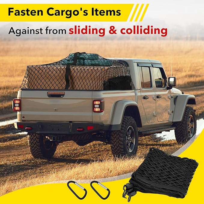 CarBole Highly Elastic Cargo Net for Pickup, Heavy Duty Truck Bed Load Mesh for SUV ATV UTV Trailer Trap Roof Rack Boat Netting Organizer (Double Layer 4'x4' Stretches to 7'x7')