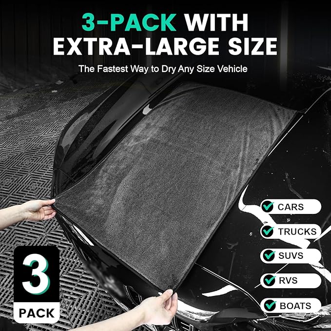 3-Pack Microfiber Towels for Cars (24" x 35"), Extra Large Super Absorbent Car Drying Towel, Drying Towel for Car & Trucks, Car Towels Drying with No Streaks & Scratches