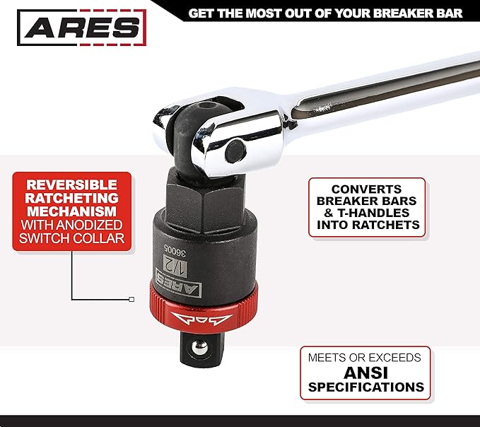 ARES 36005-1/2-Inch Drive Ratcheting Breaker Bar Adapter - Converts Breaker Bar or Sliding T-Handle into Ratchet - Reversible Ratcheting Mechanism with Anodized Switch Collar