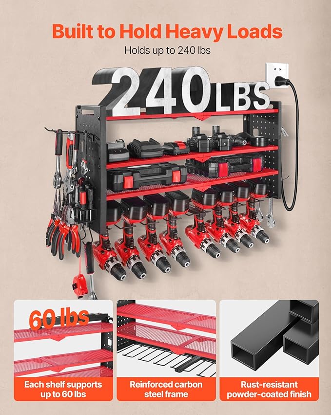 VEVOR Power Tool Organizer with Charging Station, 4-Layer Drill Storage Rack with 8 Drill Holders & Side Pegboard, Garage Tool Organizer Built in 8 Outlet Power Strips for Garage, Workbench, Workshop
