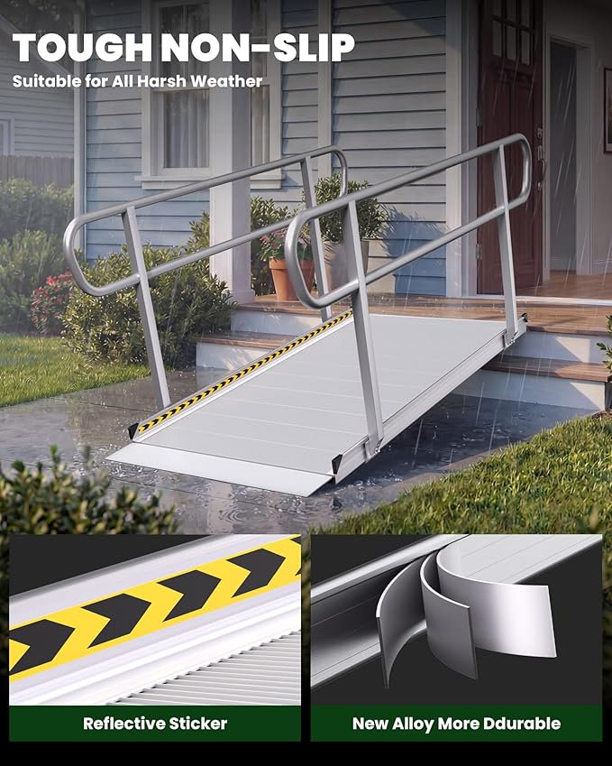 6FT Wheelchair Ramp with Handrails, 1600 lbs Capacity Heavy Duty Aluminum Ramps for Home Steps and Doorways, Fixed Threshold Solution for Wheelchairs Scooters Walkers, Easy Single-Person Use