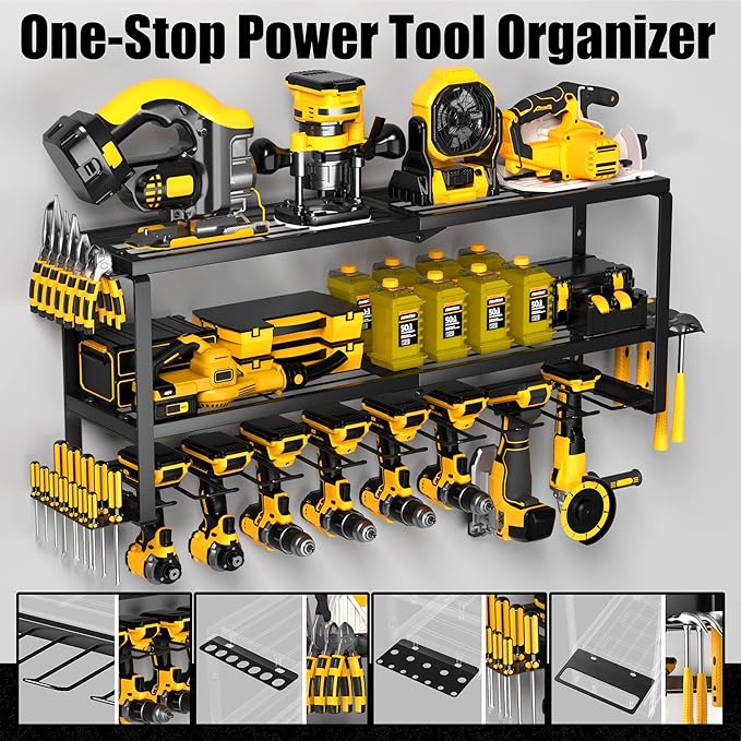 MOOMSINE Power Tool Organizer Wall Mount, Heavy Duty Metal Tool Storage Rack Loads 320lbs, 8 Cordless Drill Holder 3 Layer for Garage, Workshop, Tool Room, Gift for Men