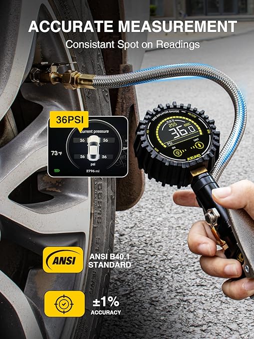 AZUNO Digital Tire Inflator Gauge 255 PSI, Heavy Duty Tire Pressure Gauge with Air Chuck, Steel Braided Hose, Quick Connect Coupler & Case for Truck RV Trailer