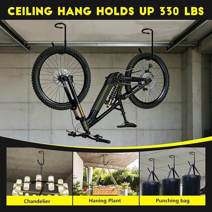 2pcs 9.45in Garage Hooks Heavy Duty 330 LBS Steel Garage Hanging Hooks Anti-Slip Coating for Hanging Ladder, Bikes, Fitness Sand Bags, Garden Carts, Wall and Garage Ceiling Hooks