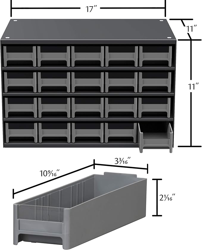 Akro-Mils Steel Garage Storage Cabinet, Small Parts Organizer Metal Cabinet for Hardware, Nails, Screws, Bolts, Nuts, and More, 17" W x 11" D x 11" H, 20-Drawer, Gray Cabinet/Gray Drawers (19320)