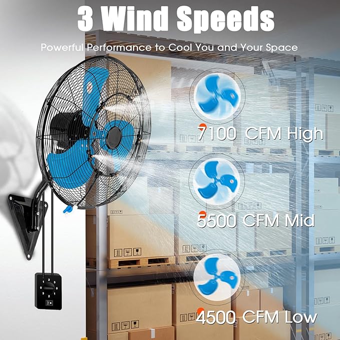 Bestronair 20" Wall Mount Fan with Misting, 7100CFM Wall Fan 3 speed, 120° Oscillation Industrial Wall-Mounted Fans High Velocity for Garage Workshop Patio Factory Greenhouse Commercial