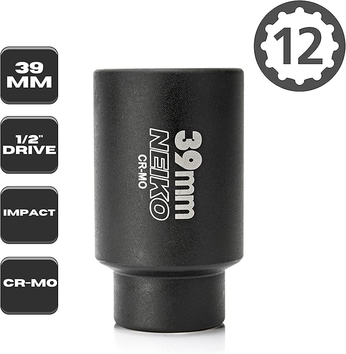 NEIKO 02529A 39mm Socket | 1/2” Drive Deep Impact Socket | Spindle & Axle Nut Socket | 12 Point |Chrome Molybdenum Cr-Mo |Deep Well Hub | Triple Square | Axle Shaft Nut Remover