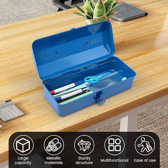 Large Metal Tool Storage Box with Handle for Workshop,15 inches Portable Tool Case with Lid，Locking Organiser Box for Hardware Part(blue)