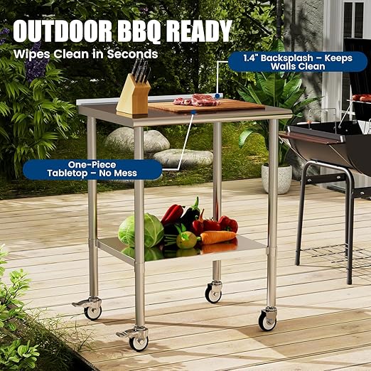Stainless Steel Work Table with Wheels, 24x30 Inch NSF Food Prep Table with Backsplash & Adjustable Undershelf for Commercial Kitchen, Restaurant, Garage, Outdoor BBQ