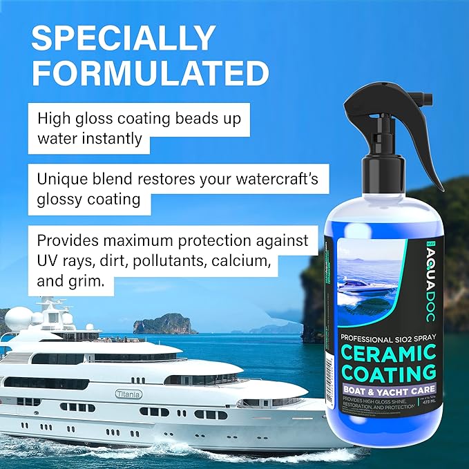 Boat Cleaner Wax - Ceramic Sio2 Sealant & Boat Ceramic Coating Spray, Exterior Boat Cleaner - Water Spot Remover, Boat UV Protectant Spray & Marine Wax for Boats to get a Glossy Shine - AquaDoc 16oz