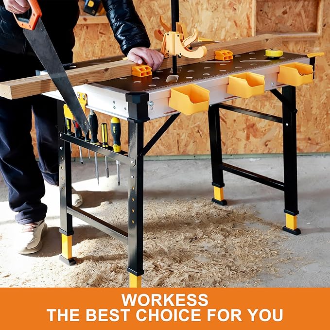 WORKESS Portable Workbench 1000Lbs Capacity 2026 Upgraded Adjustable 5 Level Height Heavy Duty Folding Work Table with 2 Quick Clamps, 4 Bench Dogs, 3 Tool Boxes for Garage Easy Storage
