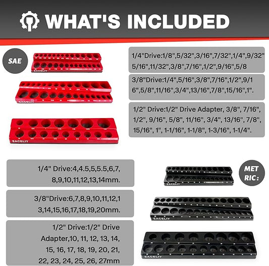 6-Piece Magnetic Socket Organizer Set, 1/2", 1/4" and 3/8" SAE & Metric Deep & Shallow Socket Holder Kit, holds 141 stanard Sockets, attaches to steel box/tool cart (sockets not included)