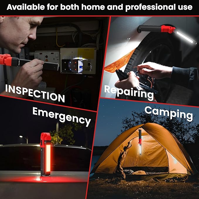 Rechargeable Work Light 2200mAh Magnetic LED Work Light Flashlight Mechanic Light Tool for Men Him, Foldable Lamp with Hook for Car Repair Emergency BBQ Grill (4 Pack)