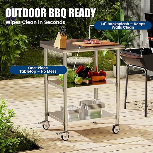 Stainless Steel Work Table with Wheels, 24x30 Inch NSF Food Prep Table with Backsplash & 2 Adjustable Undershelves for Commercial Kitchen, Restaurant, Garage