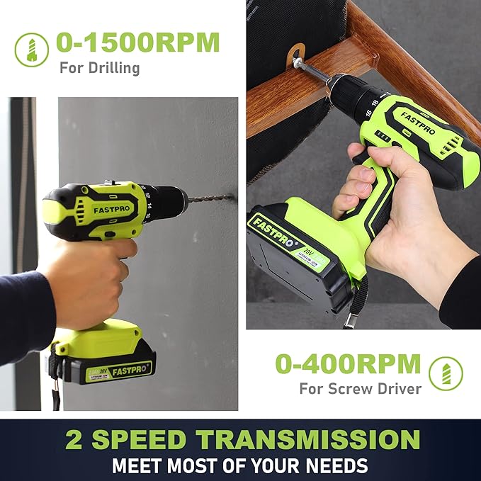 FASTPRO 20V Max Cordless Drill set, 3/8 in. Power Drill Driver kit with One 1.5 Ah Lithium-ion Batteries, Charger and Tool Bag, Green